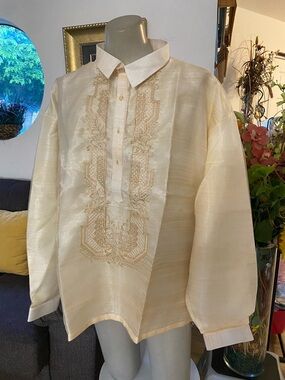 Classic Filipino Men's Barong Tagalog 5XL Double Lining Shirt Cream Embroidered